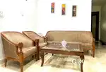 Classic teak wooden sofa set - 3+1+1 with glass and wood centre table