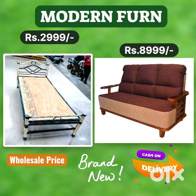 Single Double Steel Cot Wooden Sofa set Sale #589