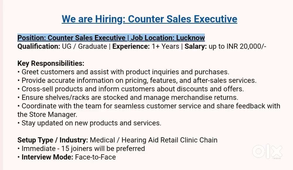 Hiring for Retail Counter Sales Executive for Retail Clinic
