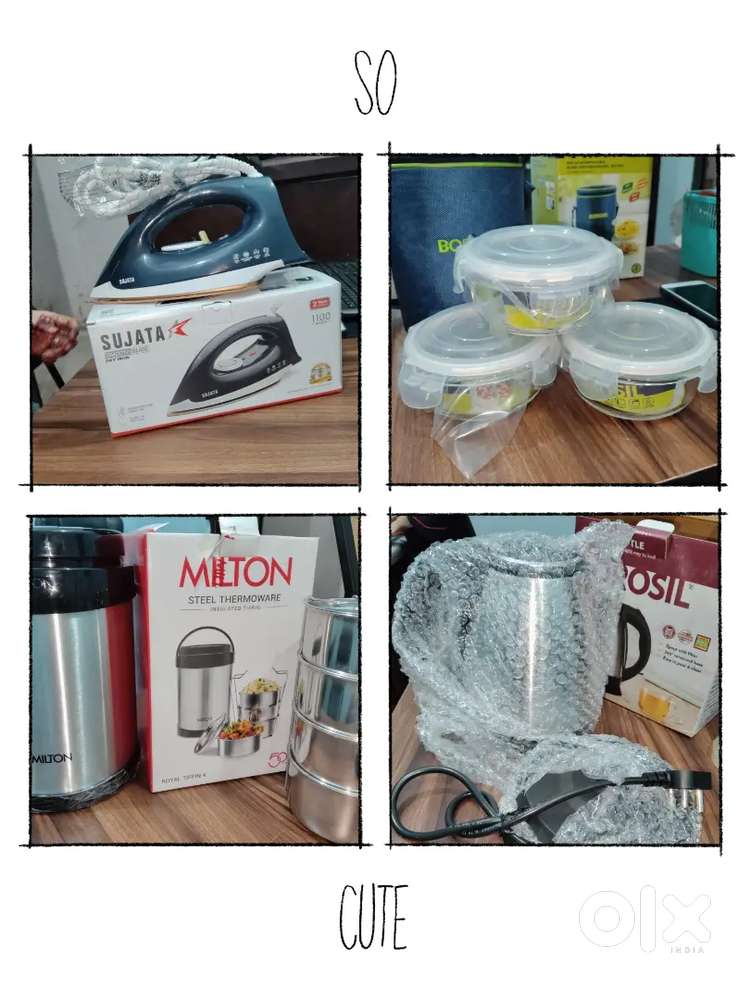 Sujata dry iron, Borosil lunch box, kettle, Milton steel  lunch box
