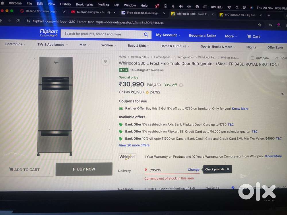 Whirlpool 3 door fridge and Motorola fully automatic wifi washing mach