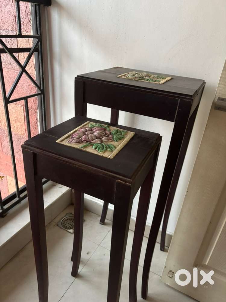 Vintage Wooden Nesting Tables with Ceramic Tile Inlay (Set of 2)