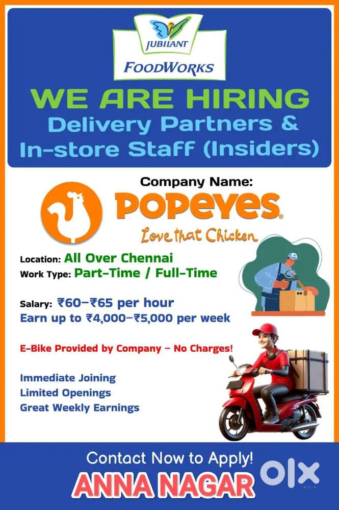 POPPEYES ANNA NAGAR PIZZA DELIVERY FREE E-BIKE WEEKLY FIXED SALARY