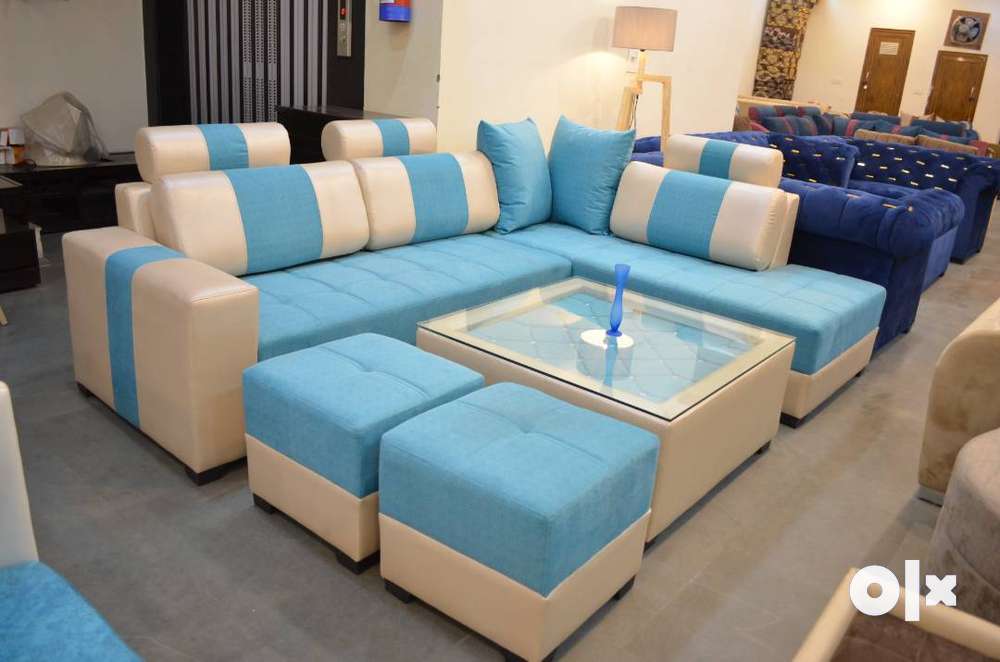 Brand new designer L-shap sofa set with glass top centre table