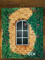 Hand-Painted Canvas – Vintage Brick Wall & Window with Blooming Vines
