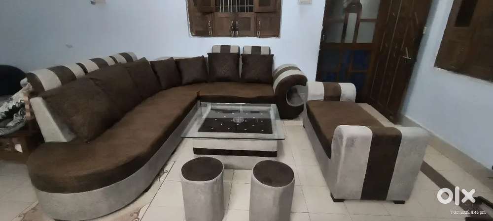 Corner Sofa with couch, center table and 2 stool