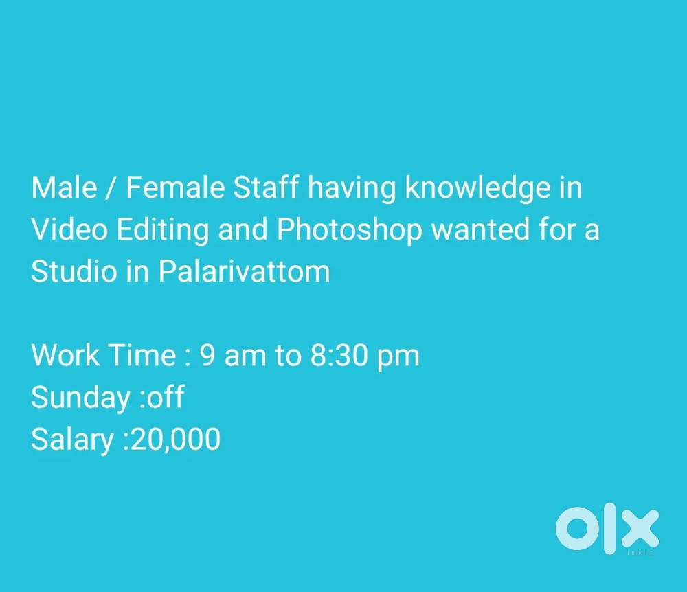 Vacancy for Studio Staff at Palarivattom having knowledge n Photoshop