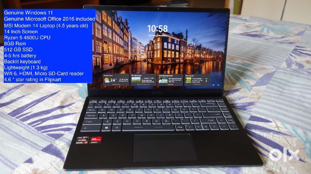 MSI laptop Ryzen 5 CPU 14 inch screen 8GB Ram 512 GB SSD