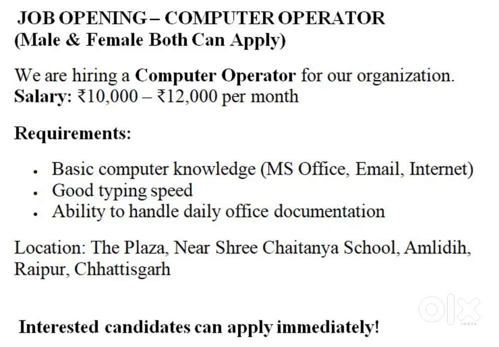 Computer operator cum office assistant