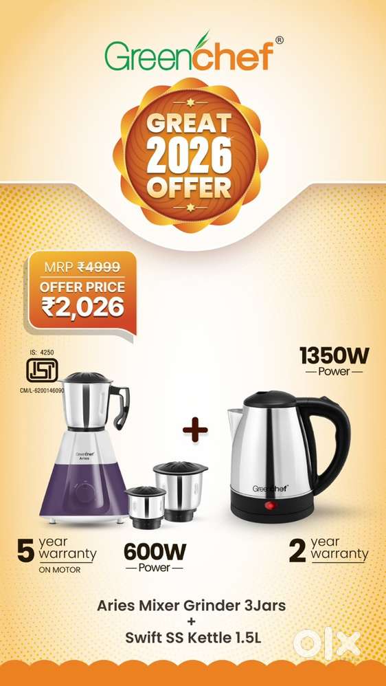 Brand New Greenchef Aries Mixer+Kettle 5 Years Warranty MRP-4999