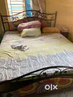 Iron rod bed with ply, iron godrej almirah and wooden dressing table