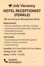 Job Hotel receptionist female