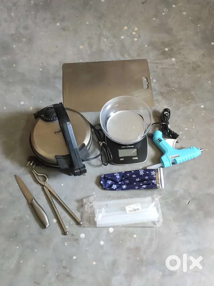 Roti Maker, Weight Machine,Glue Gun, Chopping Board, Knife, Tong, Bag.