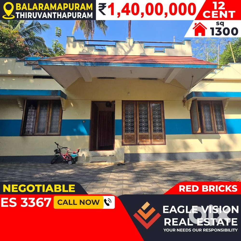 4 BHK 12 CENT 1300 Sq HOUSE 01 CRORE 40 LAKHS @ BALARAMAPURAM