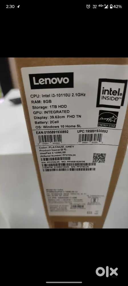 Laptop lenovo i3 Ram 8 GB storage 1 TB ( no scratches )