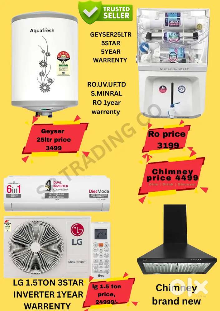Ro water filter, geyser 25ltr , chimney ,lg ac 1.5ton available all