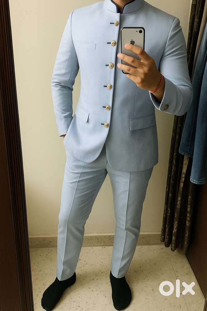 Light blue bandhgala suit