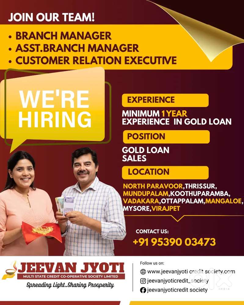 Gold loan manager, ABM, CRE required