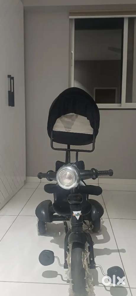 Plays music with buttons, has canopy to protect from sun rays