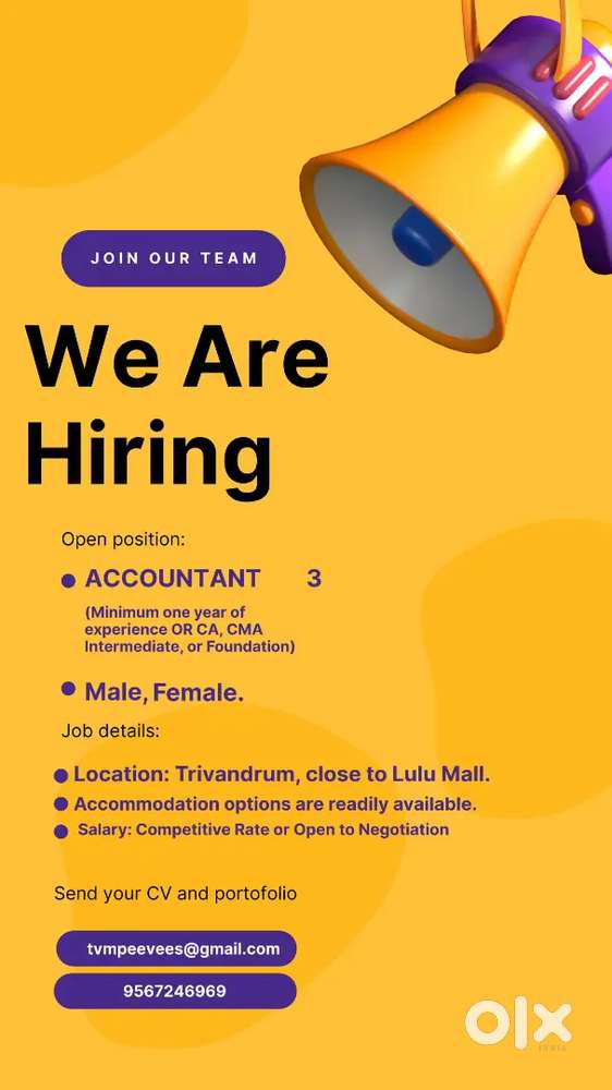 Accountant Wanted – 3 Vacancies  Trivandrum (Near Lulu Mall)