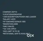 HIRING MALE PICKERS *KONDAPUR *