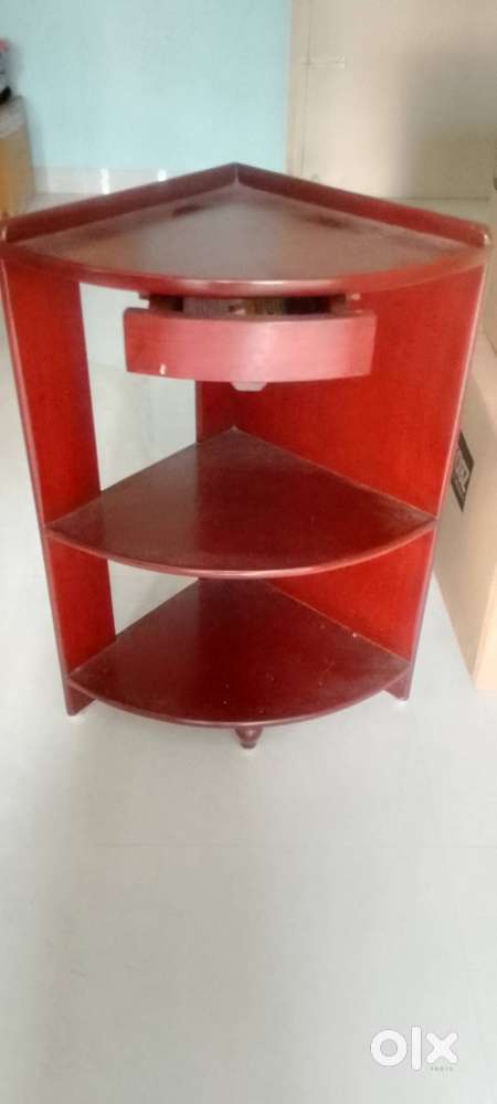 Wooden corner table, cabin trolley & laptop bag for sale.