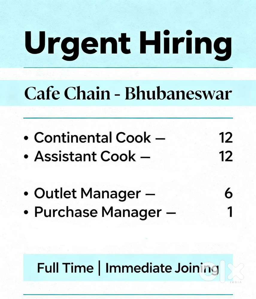 Continental cook/ Assistant Cook / Outlet Manager/ Purchase Manager