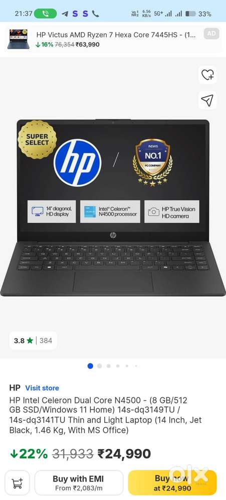 Hp laptop Intel celaron 8gb ram and 512gb ssd