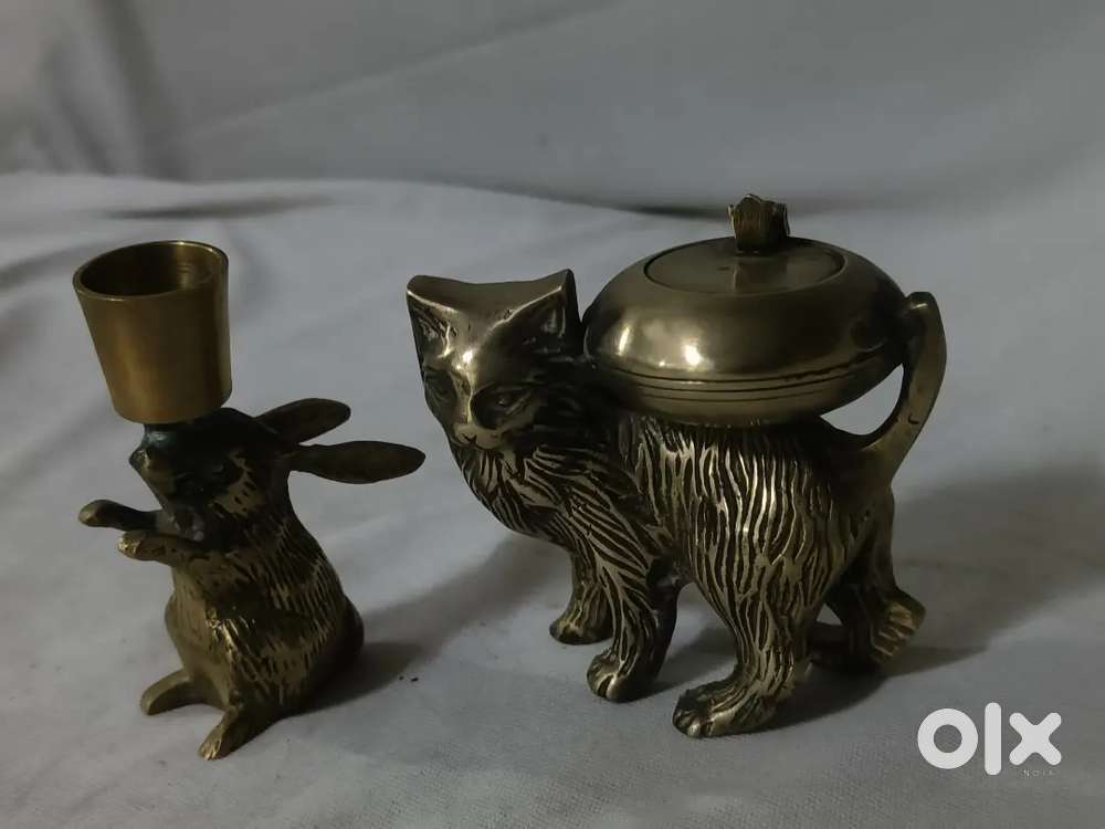 Antique pure brass solid heavy rabit candle stand and ashtrey  combo