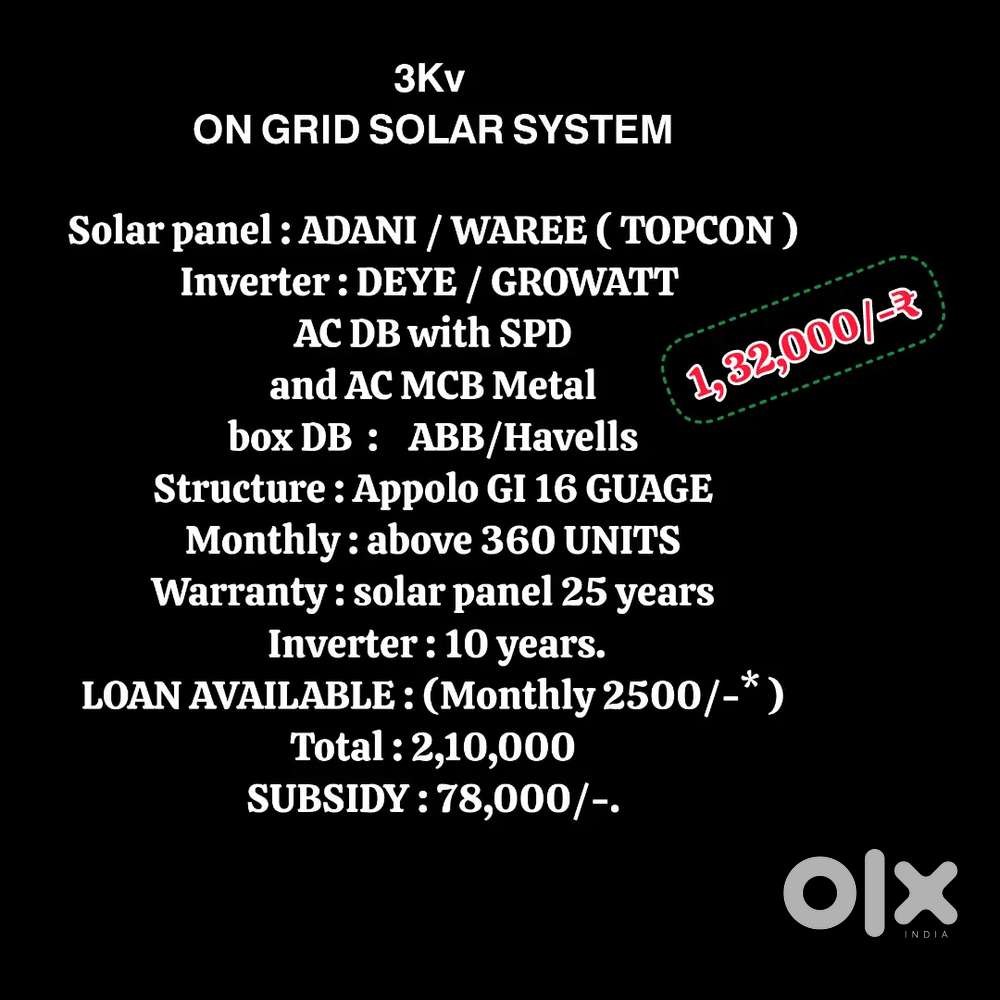 3 kv ongrid solar system Loan available