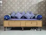 WOODEN SOFA CUM BED / DIWN CUM SOFA WITH TWO RAJASTHANI PRINTED CHAIRS