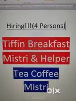 4 nos Tiffin Breakfast & Tea Coffee Mistri Required
