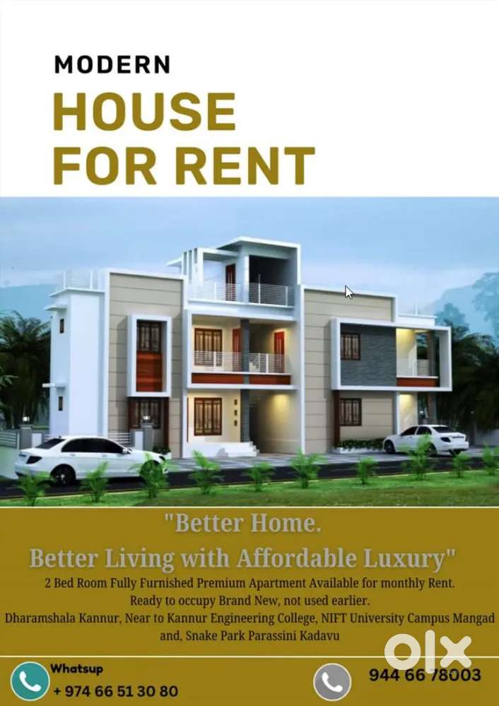 MODERN APARTMENT FOR RENT. DHARMASHALA PARASSINIKADAVU