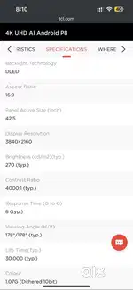 TCL 108cm (43inch) Smart Tv - model 43P8B