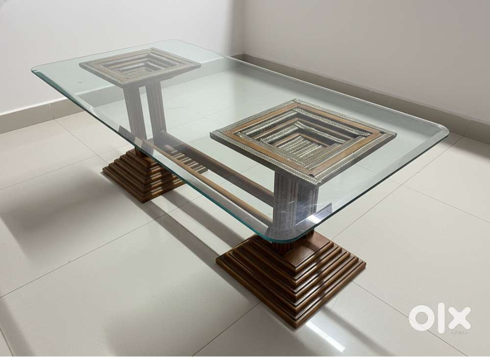 Designer Glass-Top Center Table – Solid Wooden Base – Moving-out Sale