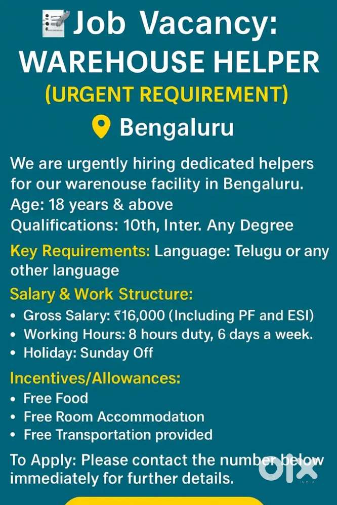 We need urgent hiring ware house helprs