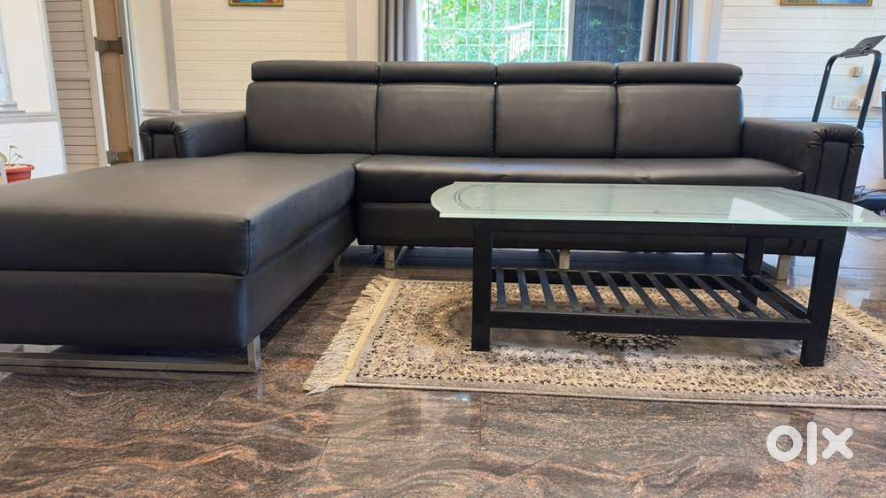 Premium Black Rexine L-Shaped Sofa – Excellent Condition