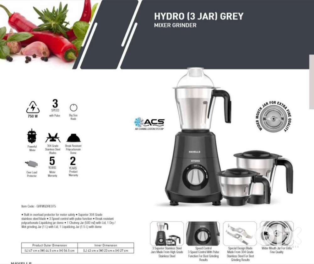 Brand New Havells 21000RPM Heavy Motor 750Watts Hydro Mixer MRP-6495