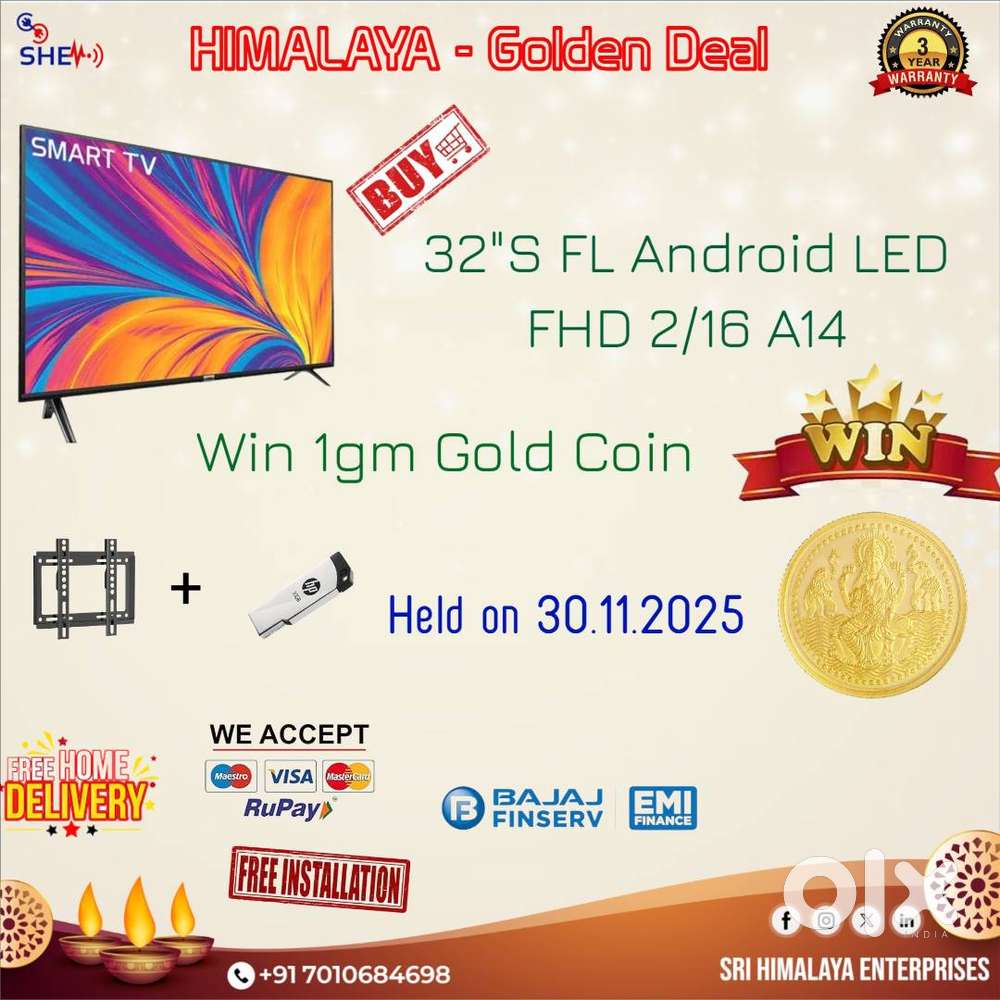 1gm Gold coin offer - 32 Inches Smart Android LED 4KR-5 Years Warranty