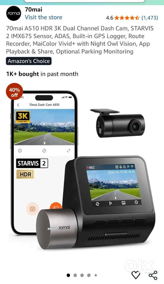 70mi Dashcam front and rear recording
