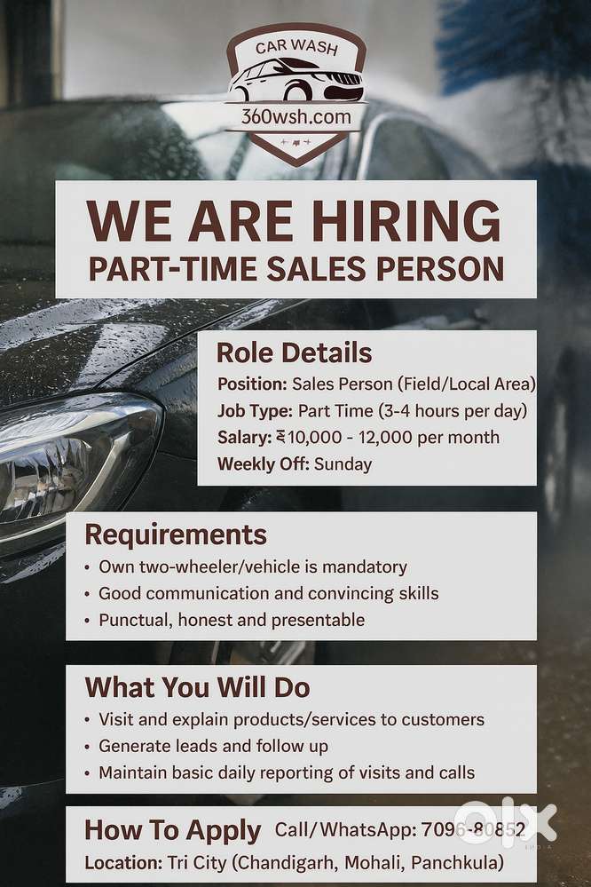 WE ARE HIRING – PART-TIME SALES PERSON for 360 Car Wash Services