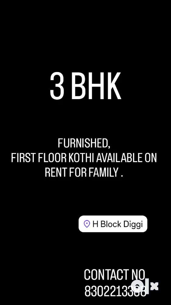 3 BHK, FIRST FLOOR, FURNISHED KHOTHI AVAILABLE ON RENT FOR FAMILY.