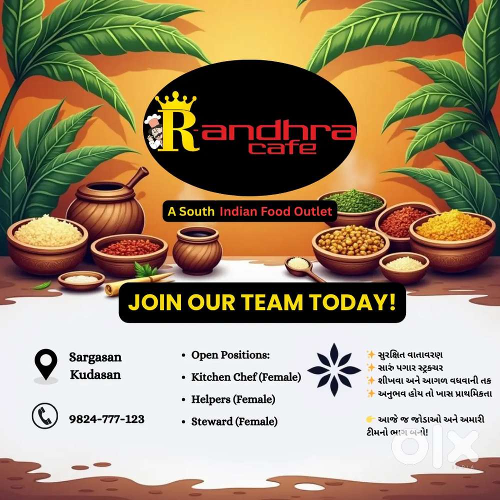 R. Andhra Cafe looking forward for various positions in Sargasan