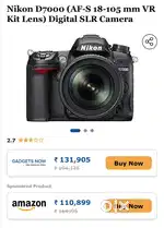 Nikon 7000D DSLR with Lens, Charger, Battery & Bag