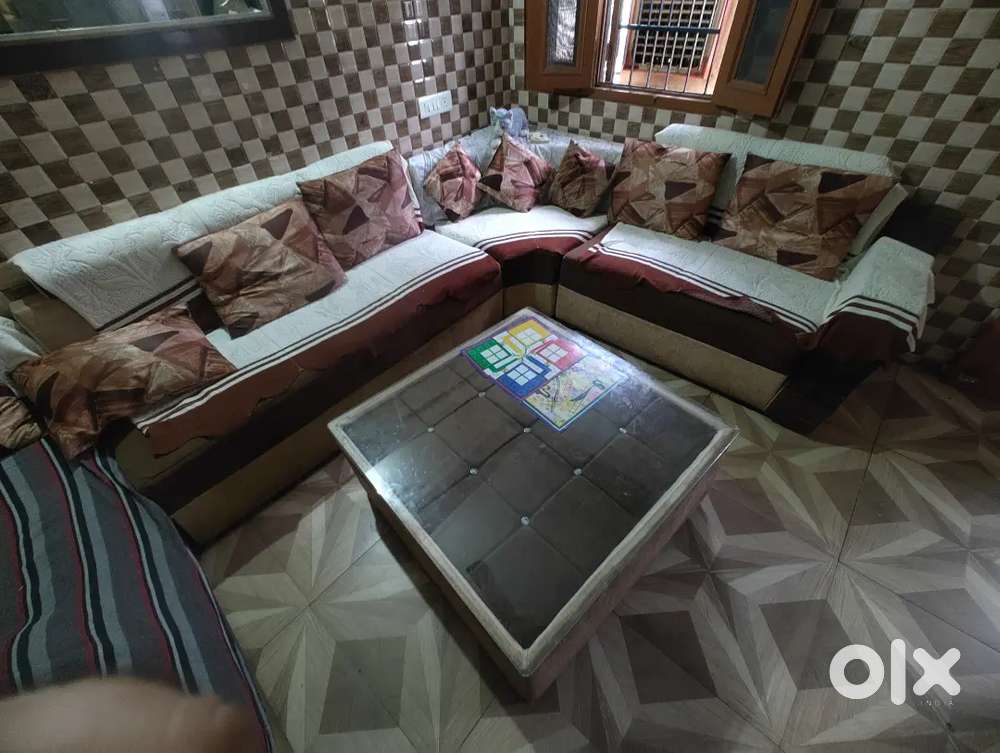 L shape sofa set with table and chairs