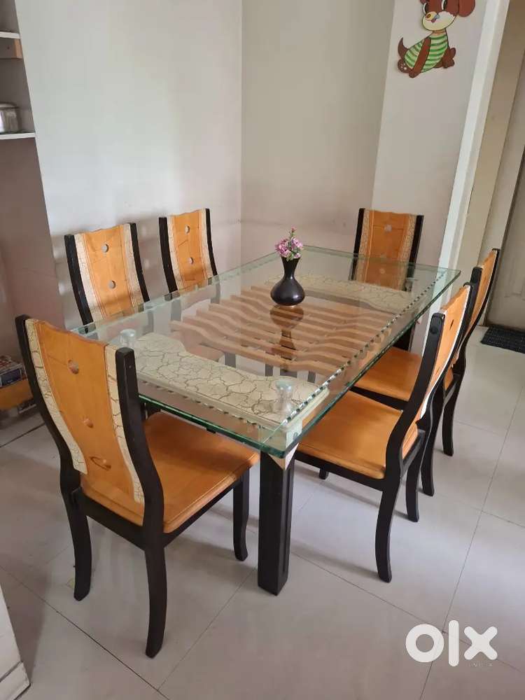 6-Seater Glass Top Wooden Dining Table in Excellent Condition
