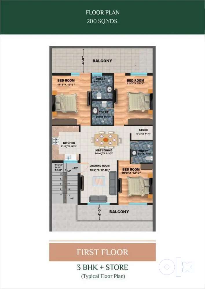3BHK+Pooja Independent Floor Flat on First Floor Semi furnished