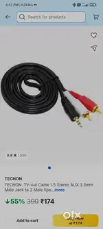 TECHON  TV-out Cable 1.5 Stereo AUX 3.5mm Cable