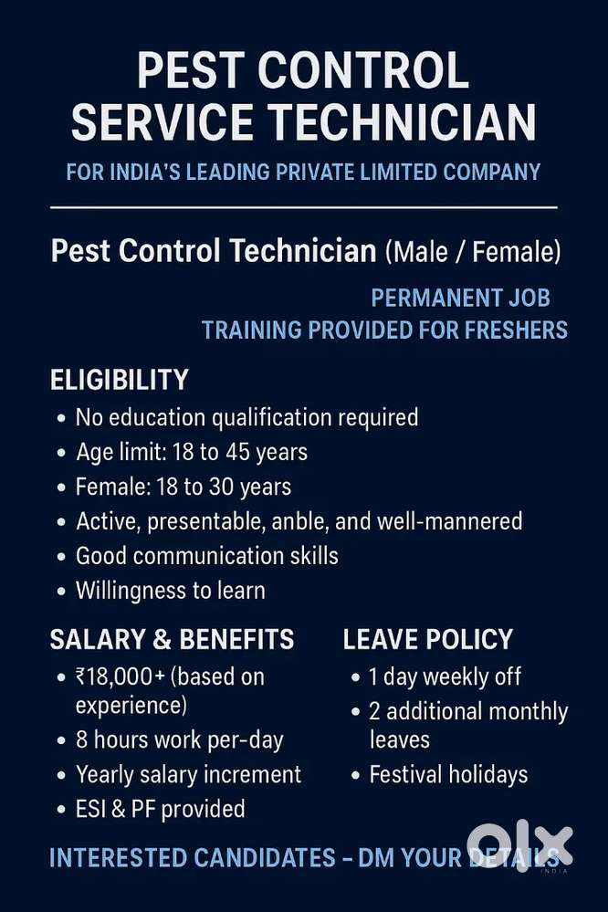 Male & Female Pest control service tecnician needed fresher&experience