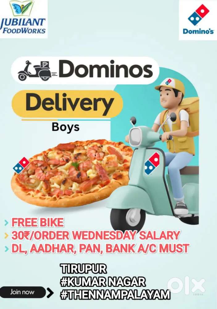 DOMINOS TIRUPUR - FREE BIKE - PIZZA DELIVERY -WEEKLY WEDNESDAY SALARY